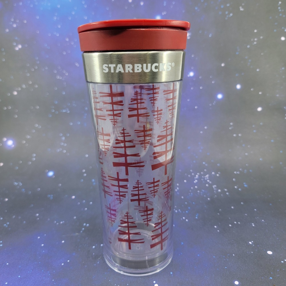 Starbucks Travel Tumbler 2012 Holiday Christmas‎ Red Trees 12 oz Flip Top